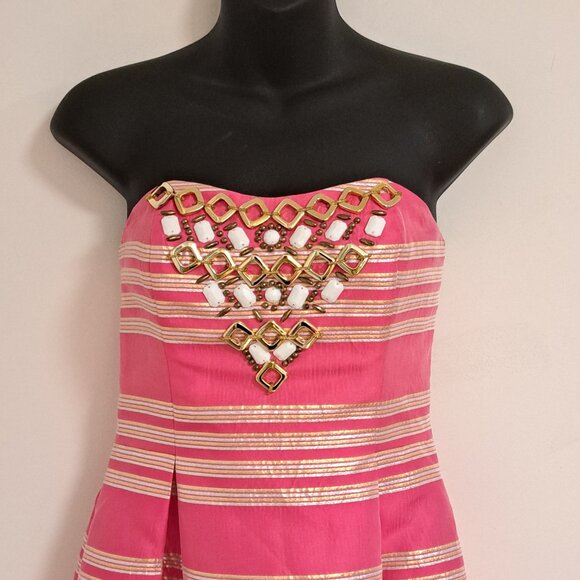 Lilly Pulitzer Size 0 Sami-Ryan Dress Pink Metallic Stripe Strapless - Picture 5 of 11